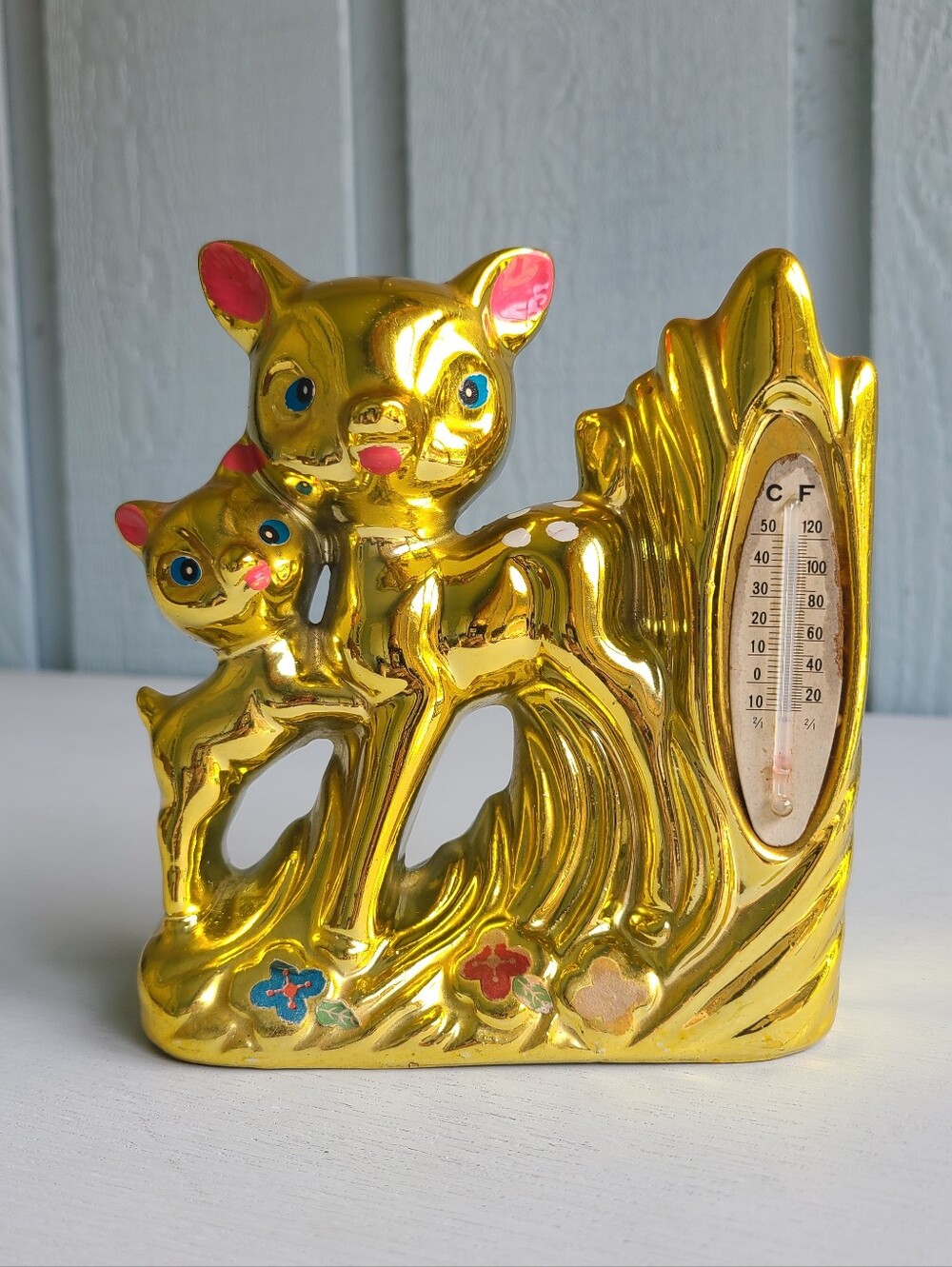 Vintage Deer and Fawn Gold Thermometer and Planter Bud Vase